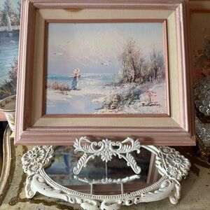 Framed Coastal Landscape Painting with Pink Frame